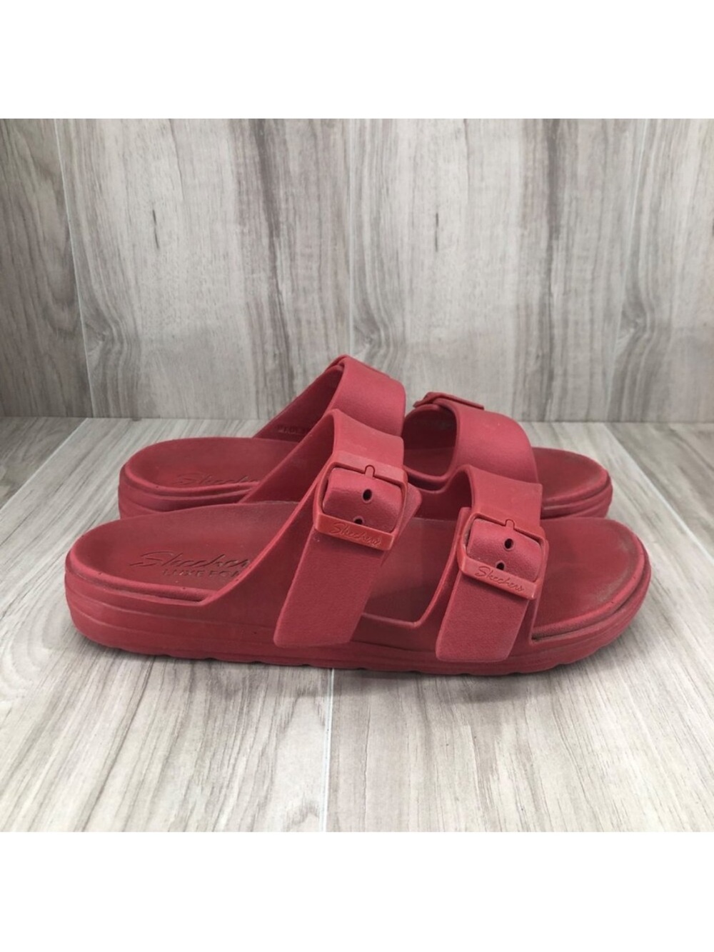 Skechers Slide Sandals Womens 7 Luxe Foam Red Rubber Slip On Waterproof Shoes